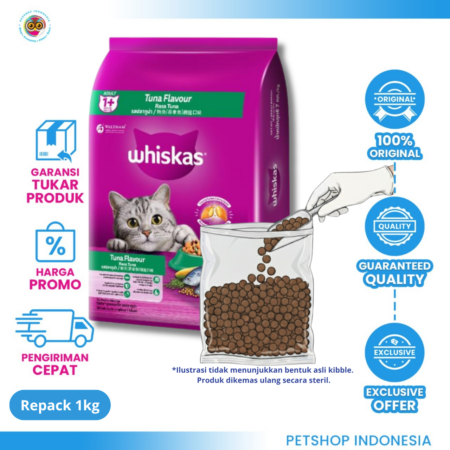 Whiskas Tuna Flavour 1kg Repack – Makanan Kering Bergizi untuk Kucing Dewasa