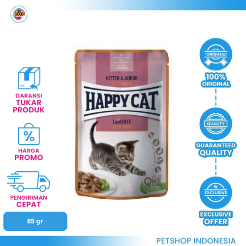 485 Happy Cat Kitten & Junior Pouch 85gr Farm Duck – Makanan Basah Bergizi untuk Anak Kucing