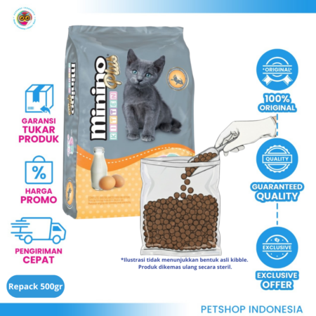 Minino Plus Kitten 500gr Repack – Makanan Kering untuk Anak Kucing