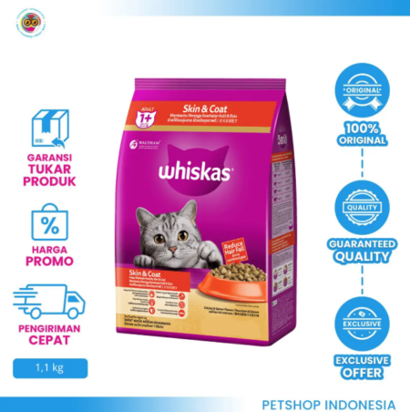 Whiskas Skin & Coat 1,1kg – Makanan Kucing Kering untuk Kulit Sehat dan Bulu Berkilau