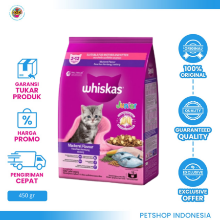 Whiskas Junior Mackerel 450gr Freshpack – Makanan Kucing Kering Bernutrisi Lengkap