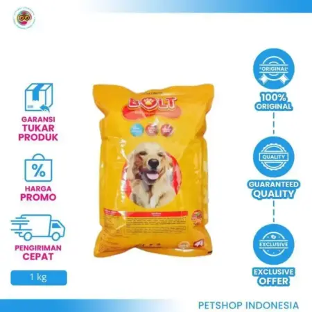 Bolt Dog Food Beef Repack 1 Kg – Makanan Kering Anjing Bernutrisi Tinggi dengan Rasa Daging Sapi Lezat