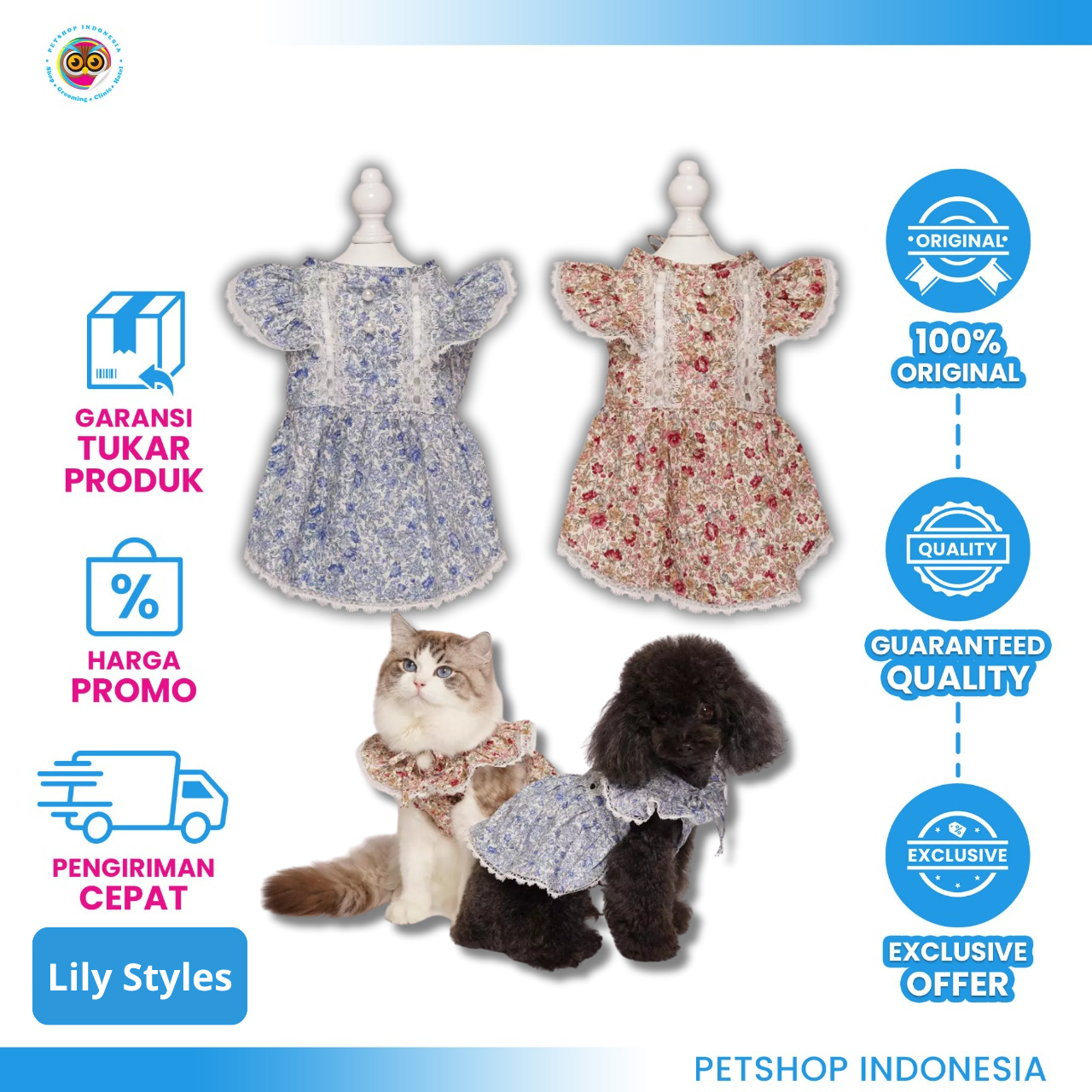 112302_TD LILY DRESS Lily Dress - Baju Hewan Premium Untuk Kucing & Anjing Ukuran (XS, S, M, L, XL)
