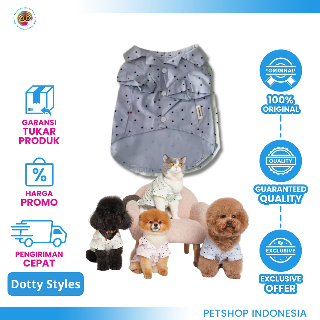 112310_PL DOTTY TOP Dotty Top - Baju Hewan Klasik Non-Stretch Untuk Kucing & Anjing (S, M, L)