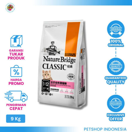 Nature Bridge Kitten 9kg adalah makanan kucing premium untuk anak kucing, kaya protein, DHA, vitamin, dan mineral guna mendukung pertumbuhan, perkembangan otak, pencernaan, serta daya tahan tubuh.