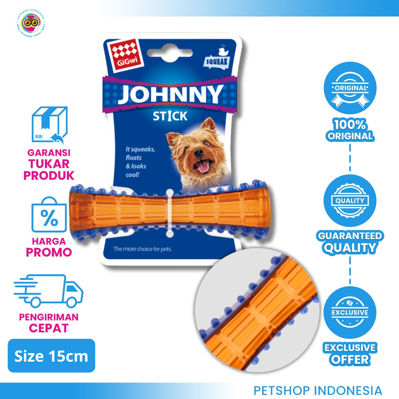 846295061919_GIGWI SJOHNY STICK SQUEAR BLUEORANG 6191 GIGWI Mainan Anjing Johnny Stick Squeaker 15cm - Dog Toys Gigitan Pembersih Gigi & Tahan Lama
