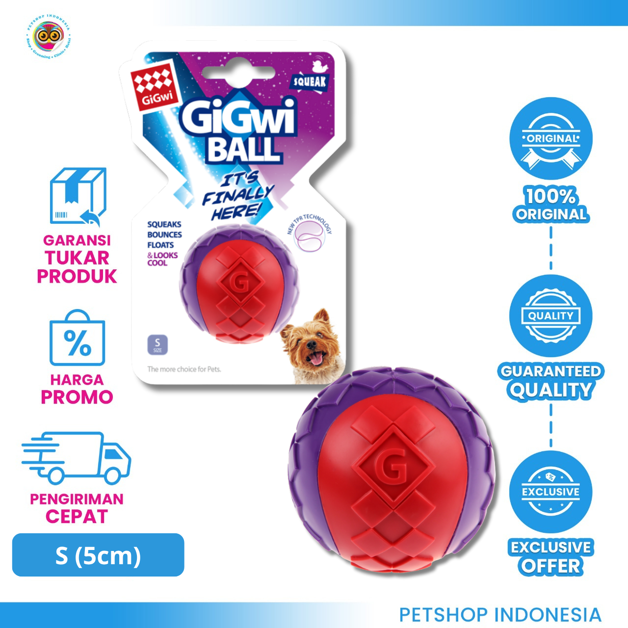 846295061933_GIGWI BALL SQUEAKER RED_PURPLE S 1PK6193 GIGWI Ball Squeaker Mainan Anjing – Dog Toys Interaktif 5cm Warna Cerah