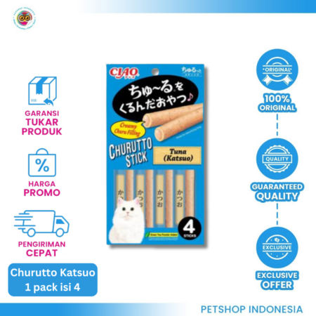 CIAO CHURUTTO STICK KATSUO FORMULA 4×7GR – Snack Kucing Lembut Rasa Katsuo