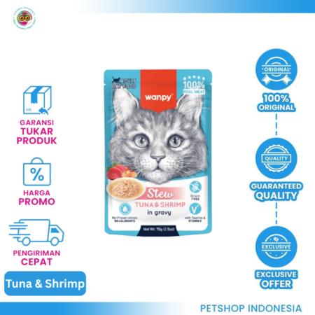 WANPY Stew Pouch Tuna & Shrimp Adult 70gr – Makanan Basah Lezat untuk Kucing Dewasa
