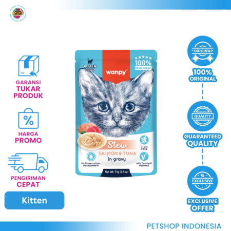 WANPY Stew Pouch Salmon & Tuna Kitten 70gr – Makanan Basah Lezat untuk Anak Kucing