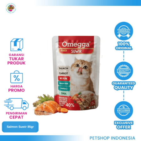 OMEGGA Pouch Suwir Salmon 85gr – Makanan Basah Hewan Lezat & Bernutrisi