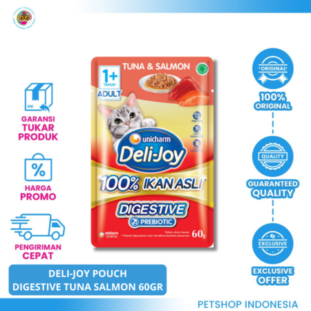 DELI-JOY Pouch Digestive Tuna & Salmon 60 gr – Makanan Kucing Basah untuk Pencernaan Sehat