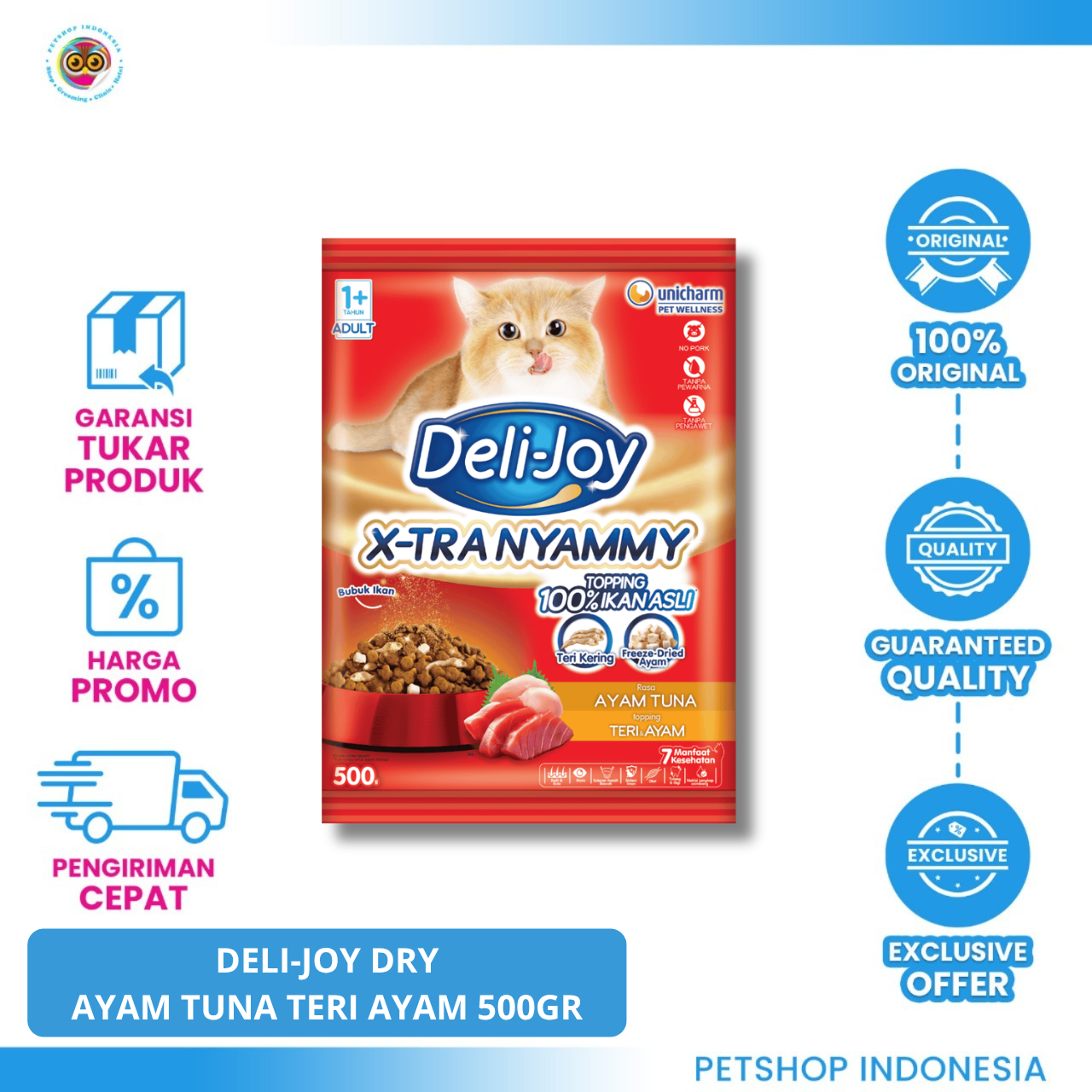6505609_DELI-JOY DRY AYAM TUNA TERI AYAM 500G DELI-JOY Dry Food Ayam Tuna Topping Teri Ayam 500gr – Makanan Kucing Dewasa Nutrisi Lengkap