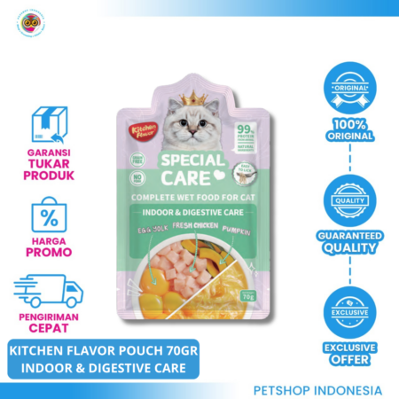 Kitchen Flavor Special Care Indoor & Digestive Pouch 70Gr – Wet Food Premium Makanan Basah Kucing dengan Nutrisi Seimbang