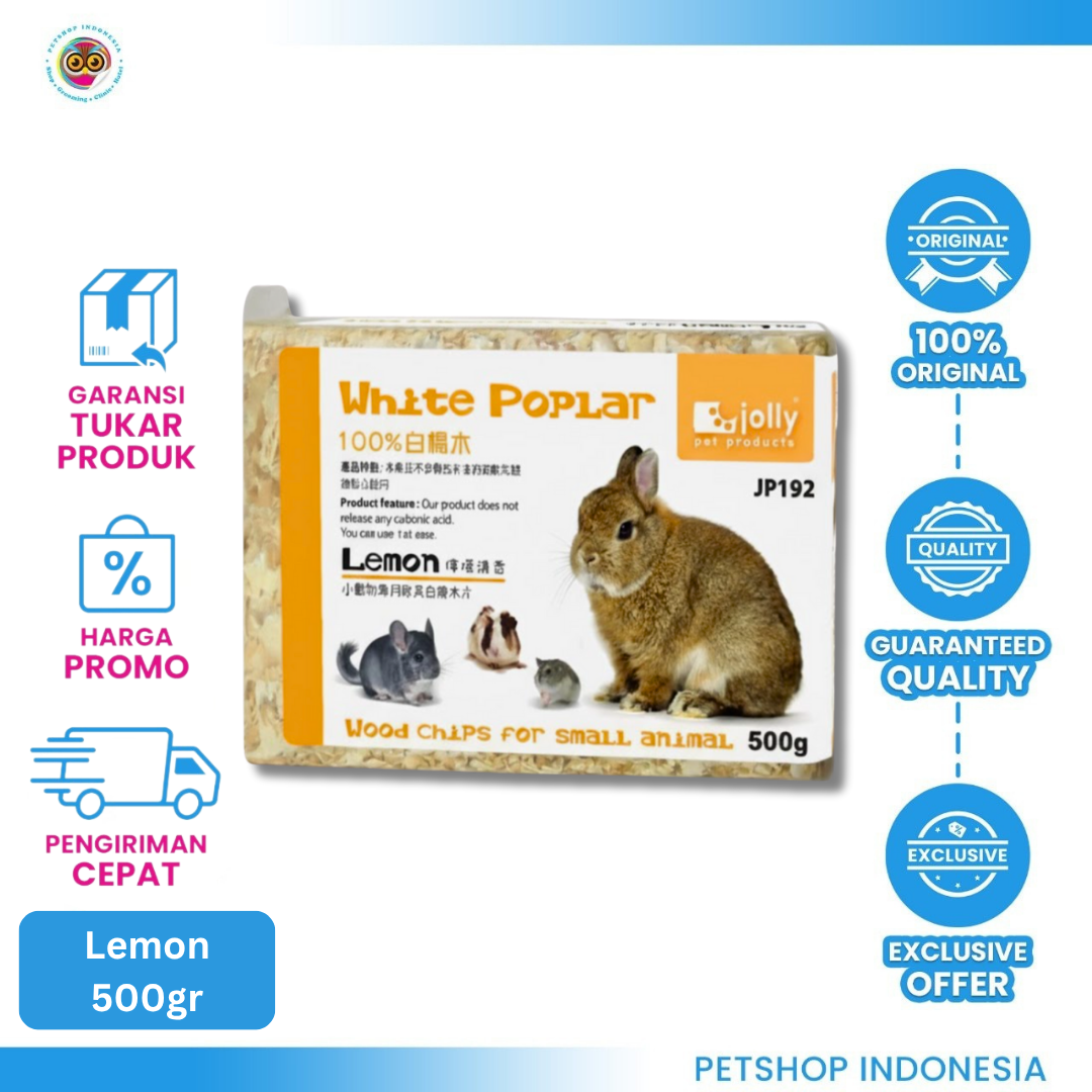 JP192_JOLLY WHITE POPLAR WOODCHIPS LEMON 500G Jolly White Poplar Woodchips Lemon 500g – Serbuk Kayu Premium untuk Hamster, Kelinci, dan Chinchilla