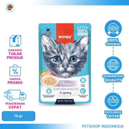 WANPY Stew Pouch Chicken & Duck Kitten 70gr – Makanan Basah Anak Kucing dengan Ayam dan Bebek