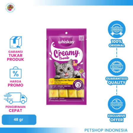 WHISKAS Creamy Chicken & Liver 48G – Camilan Krim Kucing Rasa Ayam dan Hati