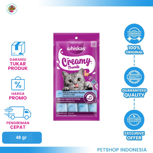 425 WHISKAS Creamy Katsuo & Seafood 48G – Camilan Krim Kucing Rasa Katsuo dan Seafood