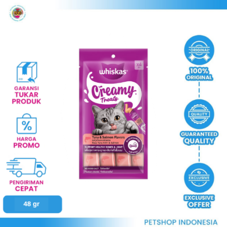 WHISKAS Creamy Tuna & Salmon 48G – Camilan Krim Kucing Rasa Tuna dan Salmon