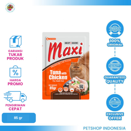MAXI CAT Pouch Tuna & Chicken 85gr – Makanan Basah Kucing dengan Tuna dan Ayam