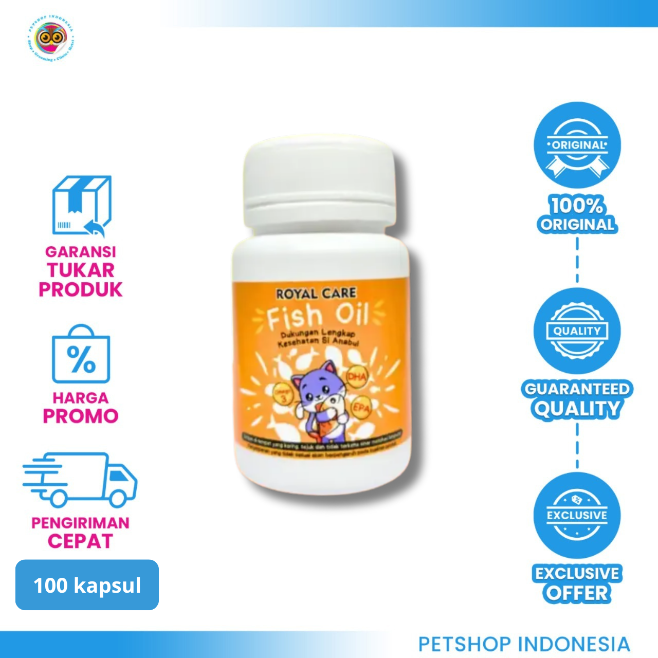 W000152_ROYAL CARE FISH OIL 100 CAPS ROYAL CARE Fish Oil 100 Kapsul - Suplemen Kucing dan Anjing Omega 3 & Vitamin D untuk Kulit dan Bulu