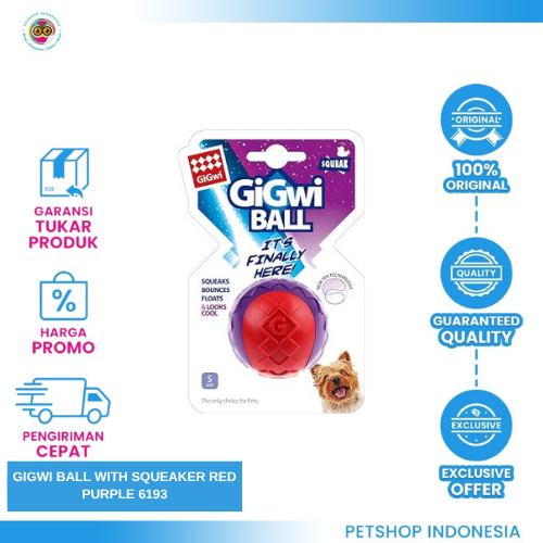 416 GIGWI BALL WITH SQUEAKER RED PURPLE 6193 – Mainan Bola Anjing dengan Bunyi dan Warna Menarik